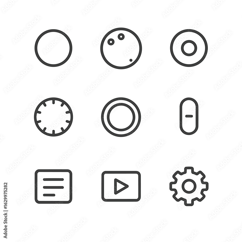 Poster camera control icons. outline icon set of camera controls: shutter button, mode dial, iso button, fo