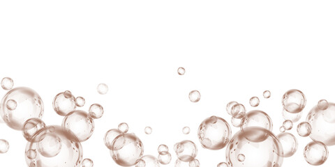 Set of realistic chocolate brown soap bubbles in various sizes. Bubbles are located on a transparent background. Water glass bubble realistic