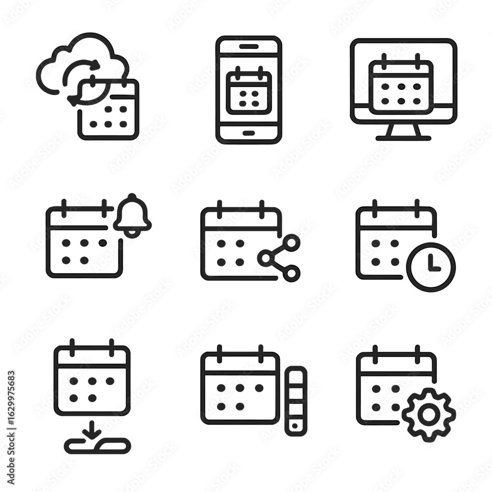 Poster calendar feature icons. outline icon set of digital calendar features: sync cloud, mobile calendar a