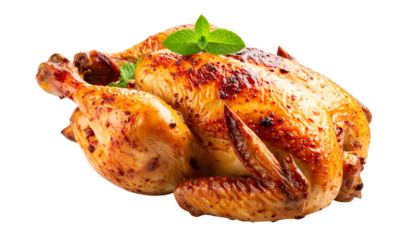 golden brown grilled roasted whole chicken garnished with mint leaves isolated on transparent bg png file