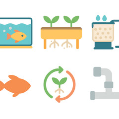 Fototapeta premium Aquaponic Symbiosis Icons. Flat vector mini-illustrations aquaponic symbiotic systems in colors children's illustrations: fish