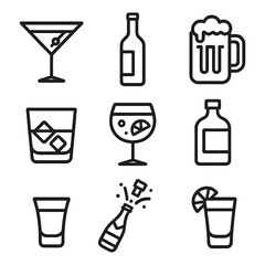 Bar Drink Icons. Outline icon set of Bar drink types: cocktail glass, wine bottle, beer mug, whiskey glass,