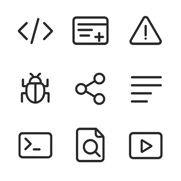 Code Icon Set. Outline icon set of code editing: code brackets, autocomplete icon, error alert, debug bug, version control,
