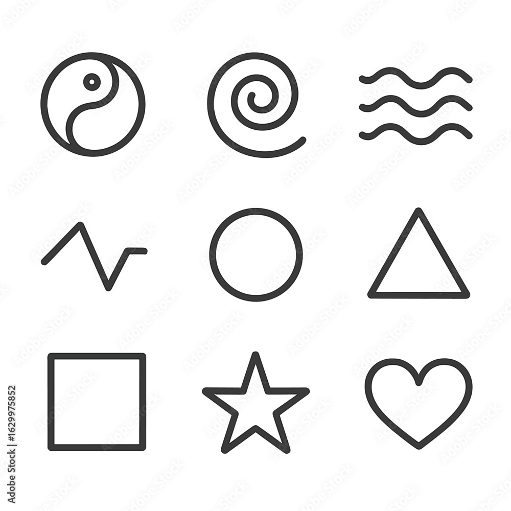 Poster abstract icon grid. outline icon set of abstract emotion concepts: yin-yang, spiral, waves, broken l