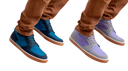 Men? casual sneakers in motion, one mid-air, one grounded, transparent background,