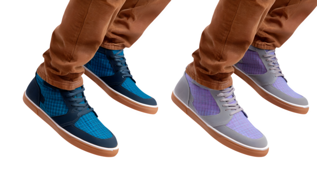 Men? casual sneakers in motion, one mid-air, one grounded, transparent background, - Powered by Adobe
