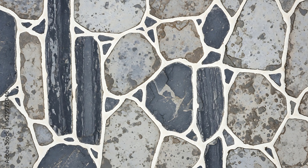 Poster a close-up view of a textured stone tile pattern, showing irregular shapes.