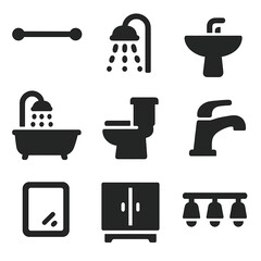 Bathroom Fixture Icons. Solid, filled icons set of bathroom fixtures: towel rack bar, showerhead, sink,