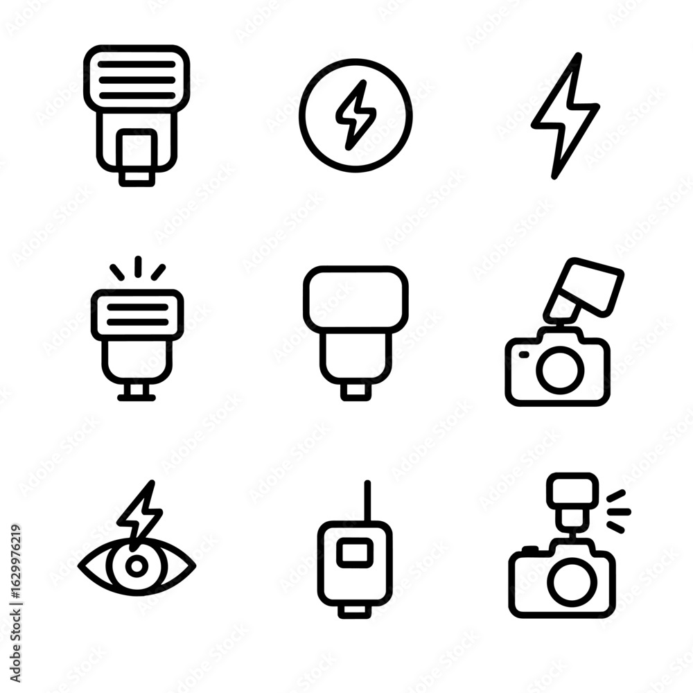 Poster camera flash icons. outline icon set of camera flash elements: flash unit, flash sync, flash symbol,