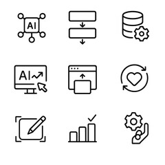 AI and Remote Learning Icons. Outline icon set of AI-driven automation: machine learning model, training pipeline, data