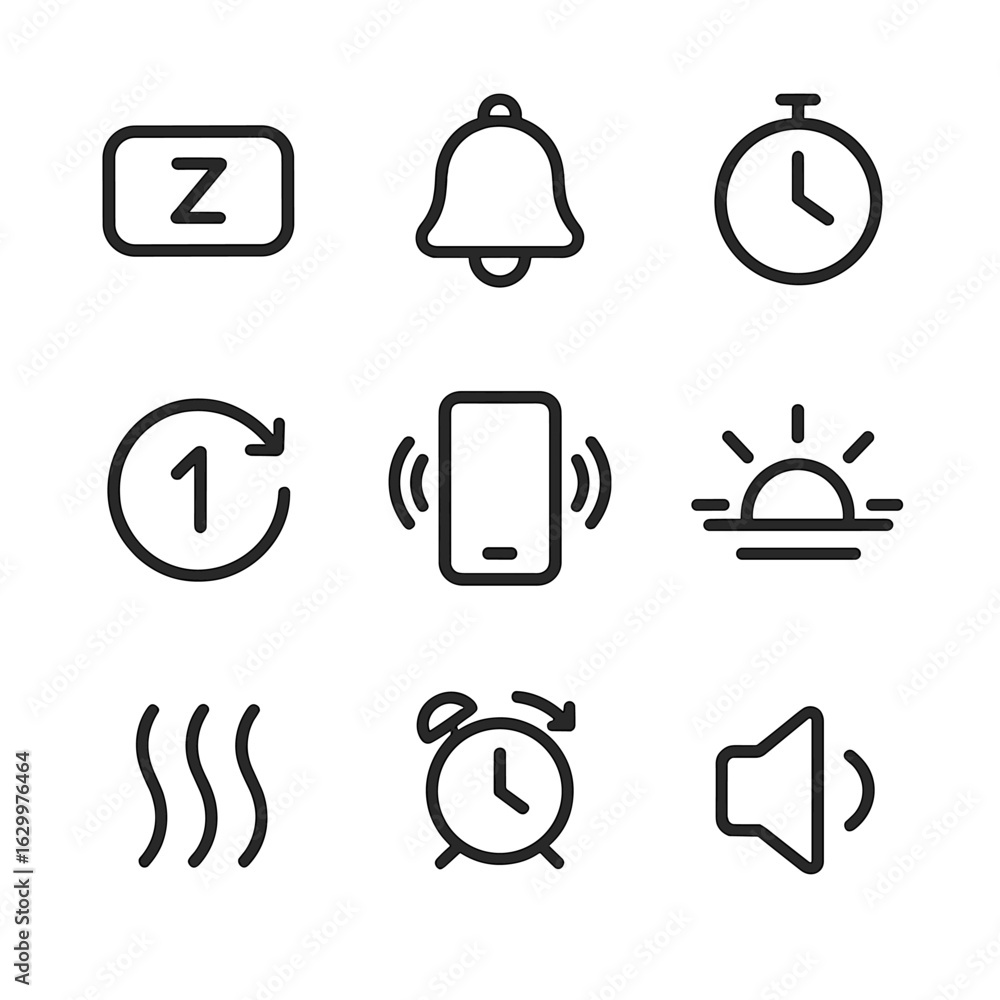 Poster alarm function icons. outline icon set of alarm functions: snooze button, alarm bell, timer, countdo
