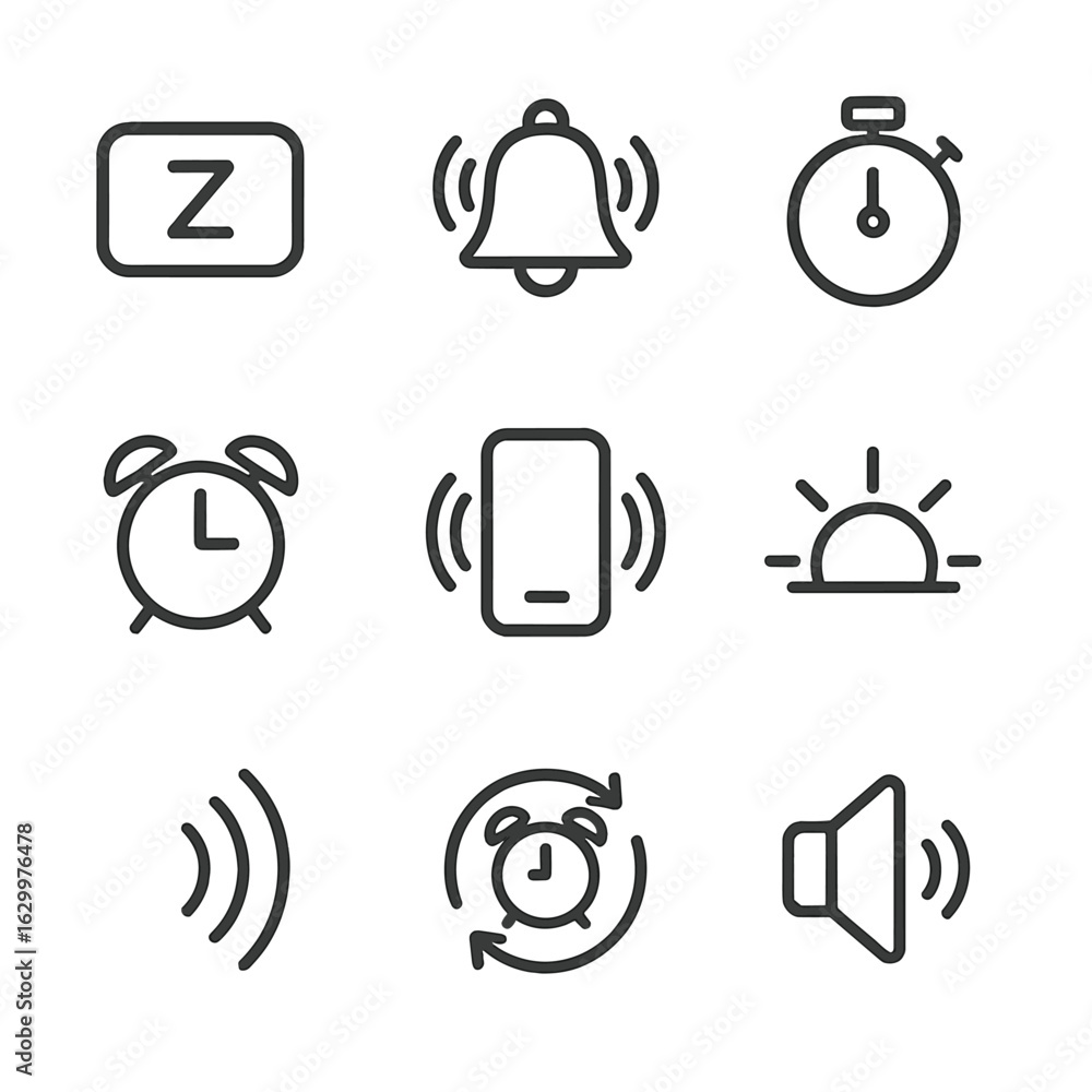 Poster alarm function icons. outline icon set of alarm functions: snooze button, alarm bell, timer, countdo