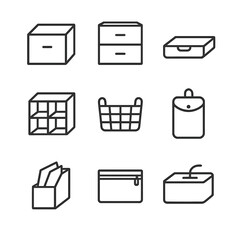 Compact Storage Icons. Outline icon set of compact storage solutions: drawer box, mini cabinet, underbed box, cube shelf, storage