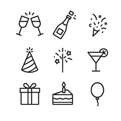 Celebration Icons Grid. Outline icon set of celebratory toast: clinking glasses, champagne bottle, confetti, party hat, firework,