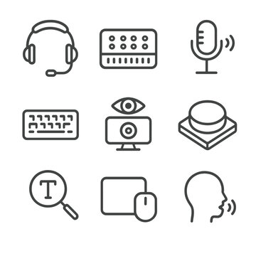 Assistive Technology Icons. Outline icon set of assistive technology devices: screen reader headset, Braille display,