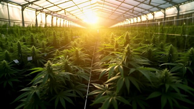 Cannabis marijuana. A sunlit cannabis farm with rows of cannabis plants under a transparent ceiling.