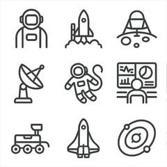 Celestial Exploration Icons. Outline icon set of celestial exploration: astronaut, rocket launch, moon landing, satellite dish,