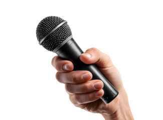 Hand holding a news microphone isolated on transparent background