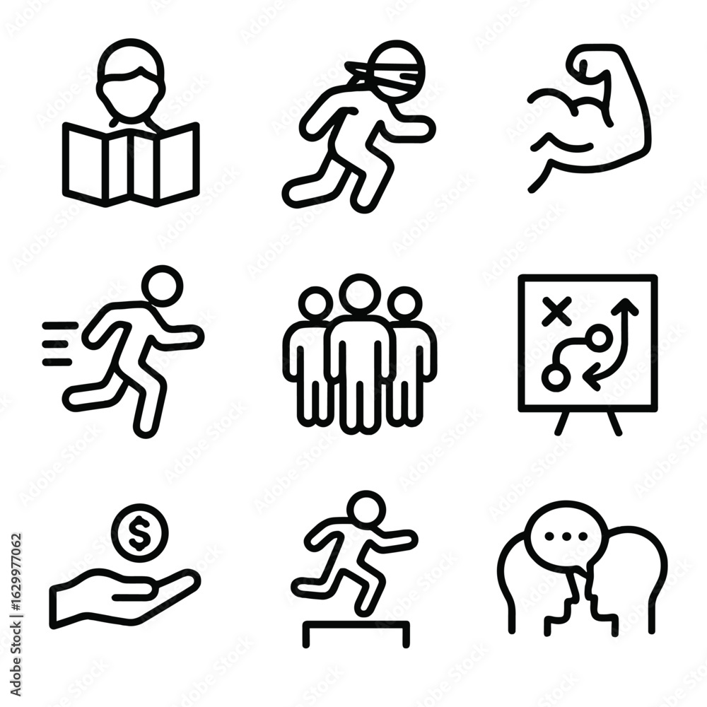 Poster challenge strategies icons. outline icon set of challenge strategies: map reading, stealth, strength