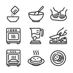Cooking Icons Collection. Outline icon set of cooking steps: measure ingredients, mix ingredients, knead dough, preheat oven, pour