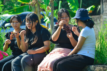Four girls sit close together in a rural farm setting, passing and enjoying grapes they picked, with vibrant greenery all around.