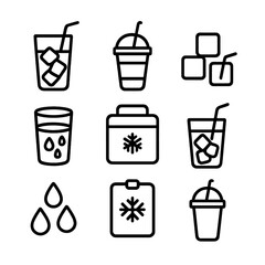 Cool Beverage Icons. Outline icon set of cool beverages: iced drink glass, cold drink cup, ice cubes, chilled glass with