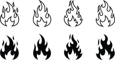 Minimalist flame icon set featuring stylized black and white fire symbols with varied line styles and shapes—ideal for energy, transformation, or symbolic illustration