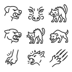 Animal Rage Icons. Outline icon set of rage expression in animals: growling dog, flared nostrils, raised fur, bared teeth, hissing