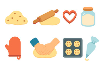 Baking Together Icons. Flat vector mini-illustrations baking cookies together in colors children's illustrations: cookie dough,