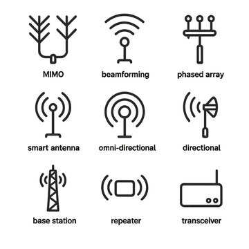 Antenna Technology Icons. Outline icon set of antenna technologies: MIMO, beamforming, phased array, smart antenna,