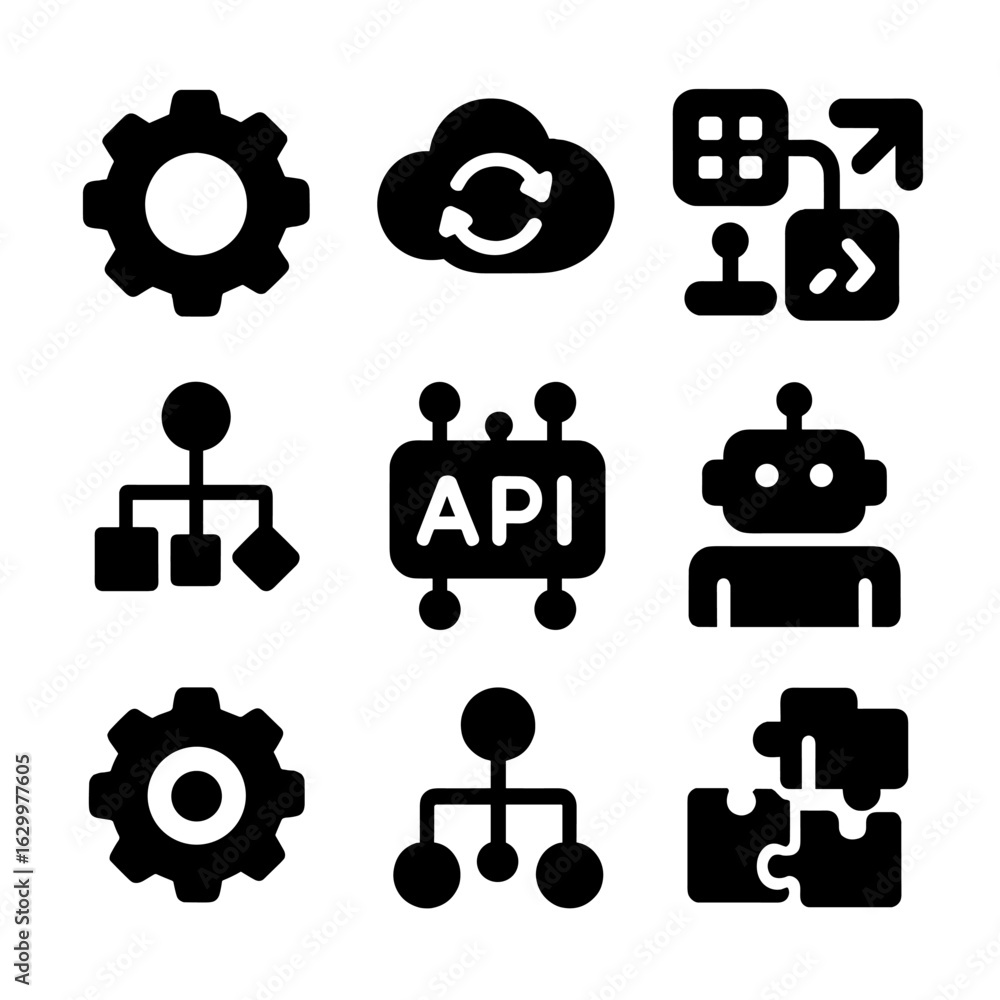 Aufkleber app integration icons. solid, filled icon set of app integrations and automation: gear, cloud sync, 