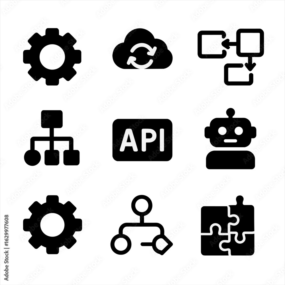 Poster app integration icons. solid, filled icon set of app integrations and automation: gear, cloud sync, 