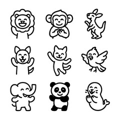 Cheering Animal Icons. Outline icon set of cheering animals: cheering lion, clapping monkey, jumping kangaroo, smiling dog,