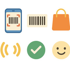 Barcode Mobile Scan Fun. Flat vector mini-illustrations of mobile barcode scanning in progress in colors children’s illustrations: