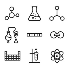 Chemistry Icon Set. Outline icon set of chemical transformation: molecule, reaction flask, catalyst, distillation, pH scale,