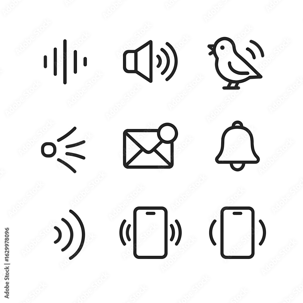 Poster chirp icon set. outline icon set of chirp in communication: sound wave, tweet sound, bird tweeting, 