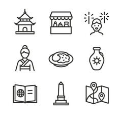 Cultural Journey Icons. Outline icon set of cultural journey elements: temple, market, festival, traditional dress, food dish,