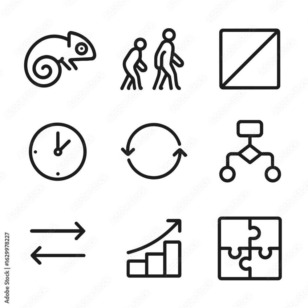 Poster change process icons. outline icon set of change process: chameleon, evolving figure, gradient shift