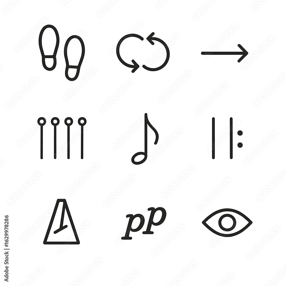 Poster choreography notation icons. outline icon set of choreography notation: symbols, arrows, counts, bea