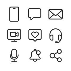 Daily Communication Icons. Outline icon set of daily communication: smartphone, chat bubble, email, video call, social media,
