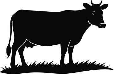 Fototapeta premium Minimalist black silhouette of a cow standing peacefully in a grassy field under a clear sky