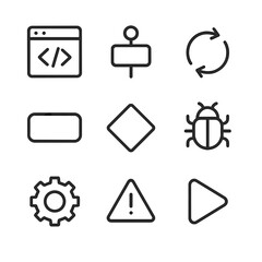 Beginner Programming Icons. Outline icon set of beginner programming constructs: code editor window, function block, loop arrow,