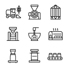 Cereal and Fruit Icons. Outline icon set of cereal production stages: grain harvest, milling machine, grain silo, flake press,