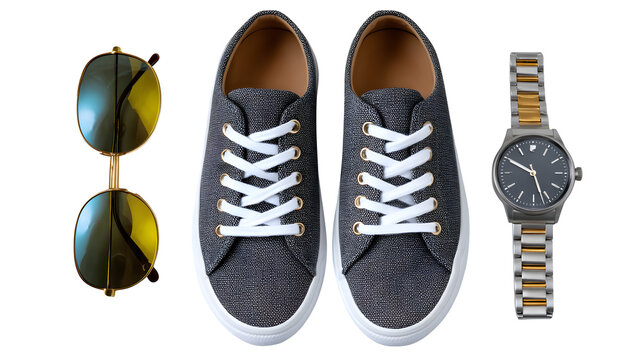 Men? casual sneakers next to a matching wristwatch and sunglasses, flat lay, white background,
