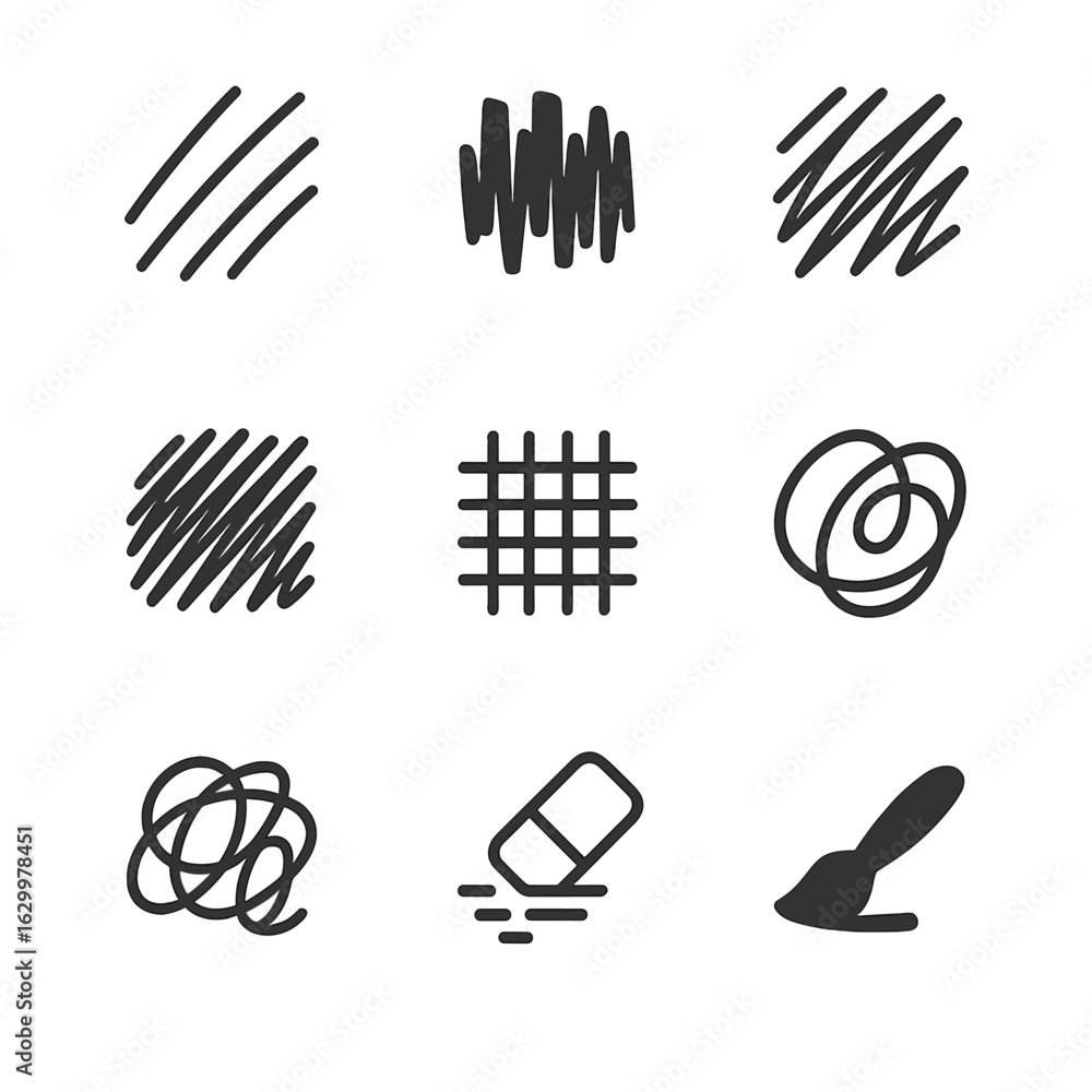 Poster art scratch icon set. outline icon set of scratch in art and drawing: pencil scratch, charcoal marks
