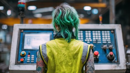Obraz premium Alternative worker with colorful hair operating industrial machinery
