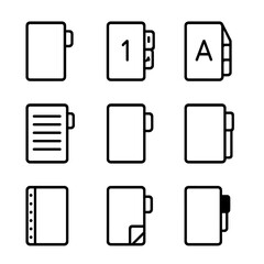 Binder Tab Icons. Outline icon set of binder divider tabs: colored tab, numbered tab, alphabetic tab, lined tab, blank tab,