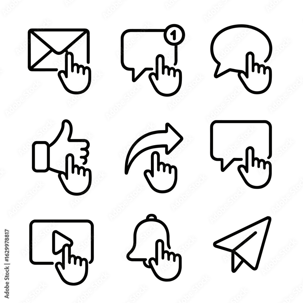 Poster click icon set. outline icon set of click in communication: email click, message notification, chat 