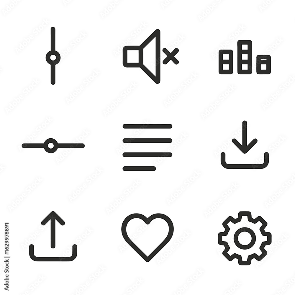 Poster audio player icon set. outline icon set of audio player ui: volume slider, mute icon, equalizer bars