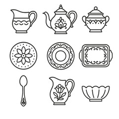 Decorative Serveware Icons. Outline icon set of decorative serveware: creamer, ornate teapot, patterned sugar bowl, hand-painted